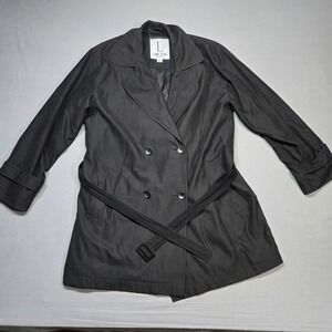 Vintage Larry Levine Trench Coat Medium Black Double Breasted Belted Microfibre
